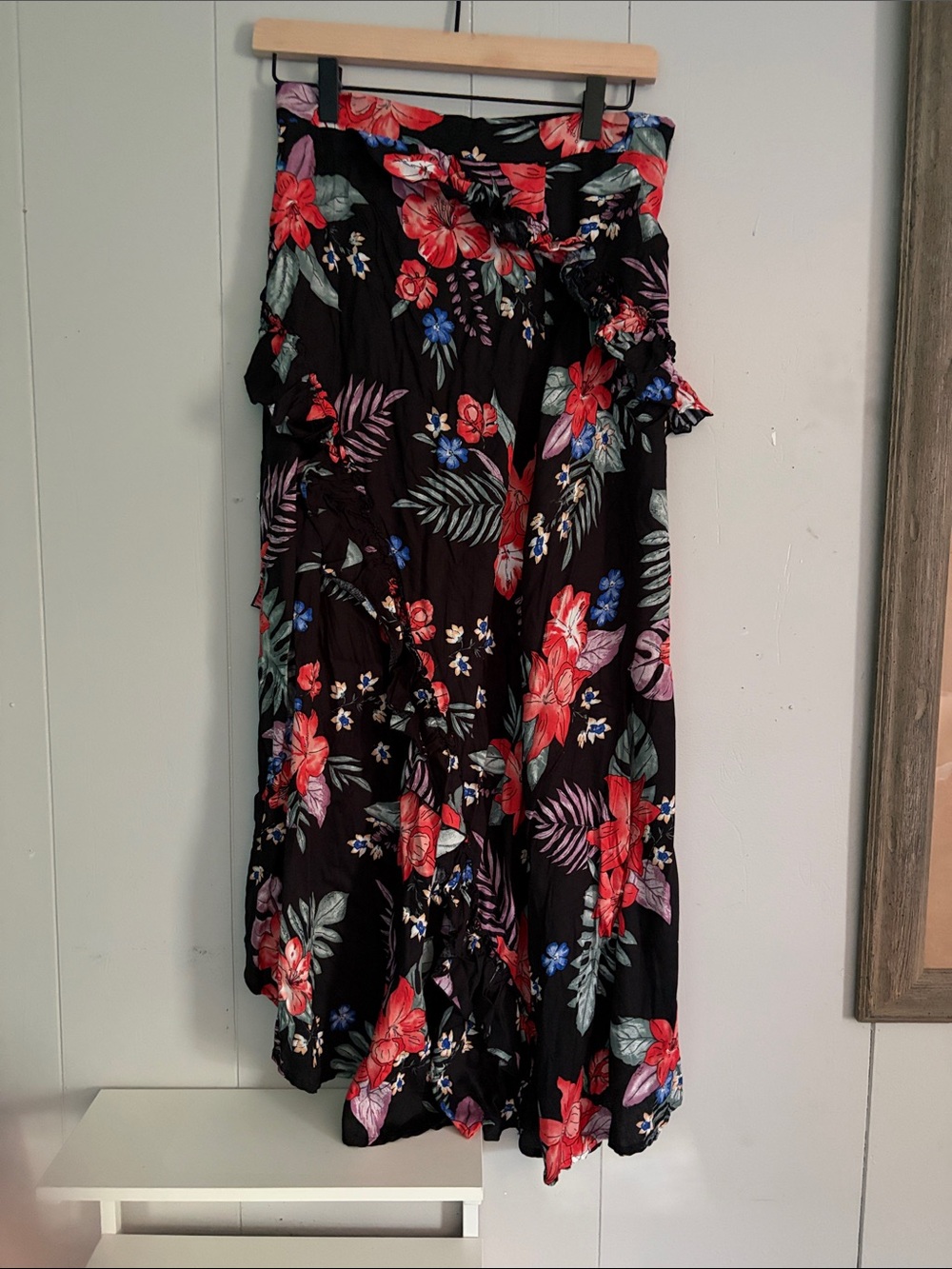 Black Tropical Floral Maxi Dress with coral & Blue Blooms